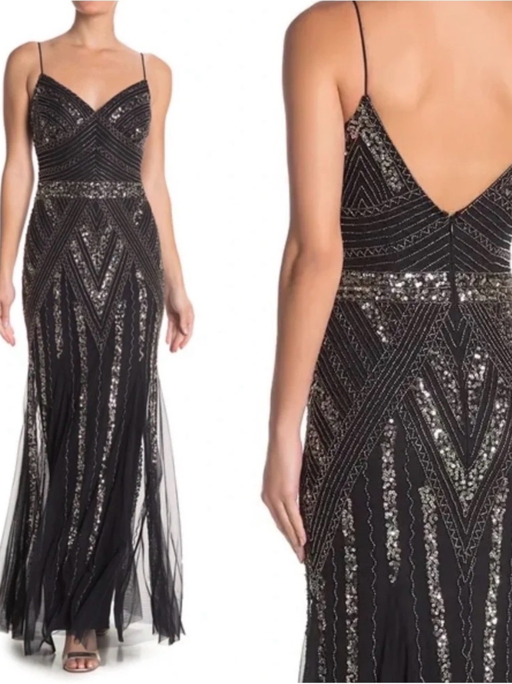 Worn once Marina size 2 Black Sequin Beaded Evening Gown -  Spaghetti Strap
